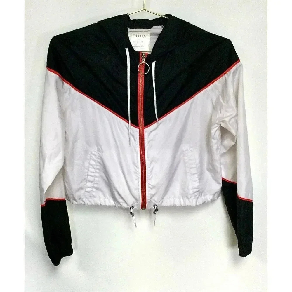 Zine Women's Black White Colorblock Hooded Full Zip Cropped Windbreaker Medium
